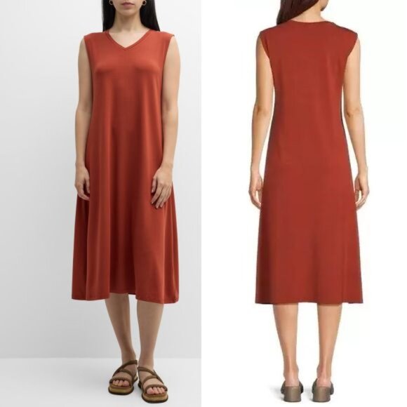 EILEEN FISHER Dress Size S Sleeveless V-Neck Jersey Midi Picante Red Orange NEW